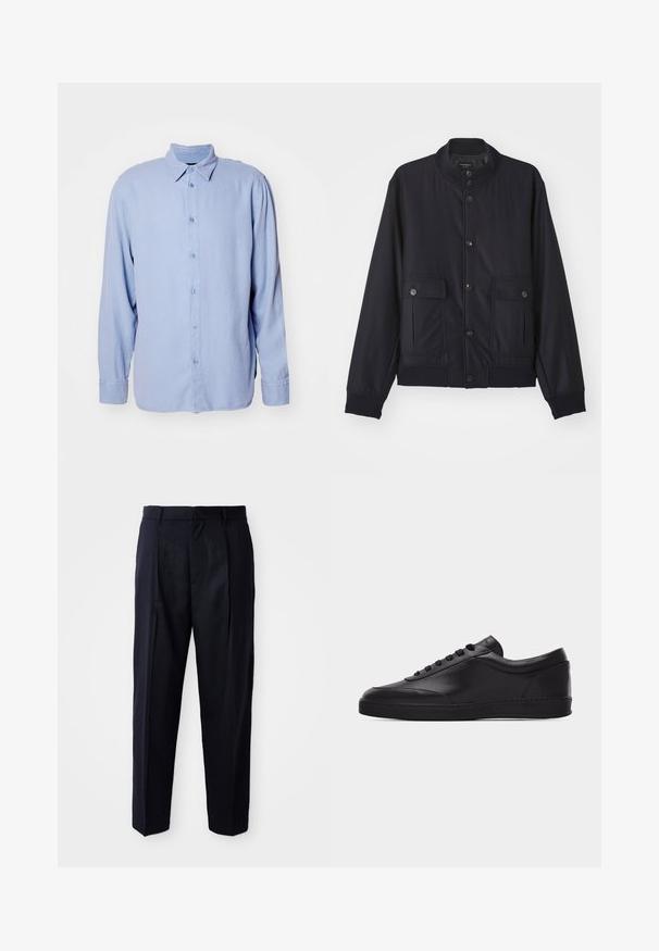 Veste bleu marine en matériau doux, dotée d'un col haut, d'une fermeture à boutons sur le devant, de deux poches poitrine et d'un ourlet et de poignets côtelés.; Chemise bleu clair à boutons, fabriquée en tissu doux, avec un col classique, des manches longues et un fermoir à boutons sur le devant. Design minimaliste, sans motifs.; Pantalon bleu marine en tissu lisse, avec une coupe décontractée, un devant plissé et une taille standard avec passants de ceinture.; Baskets basses en cuir noir avec lacets sur le devant et semelle en caoutchouc plate, vues de côté sur un fond blanc uni.