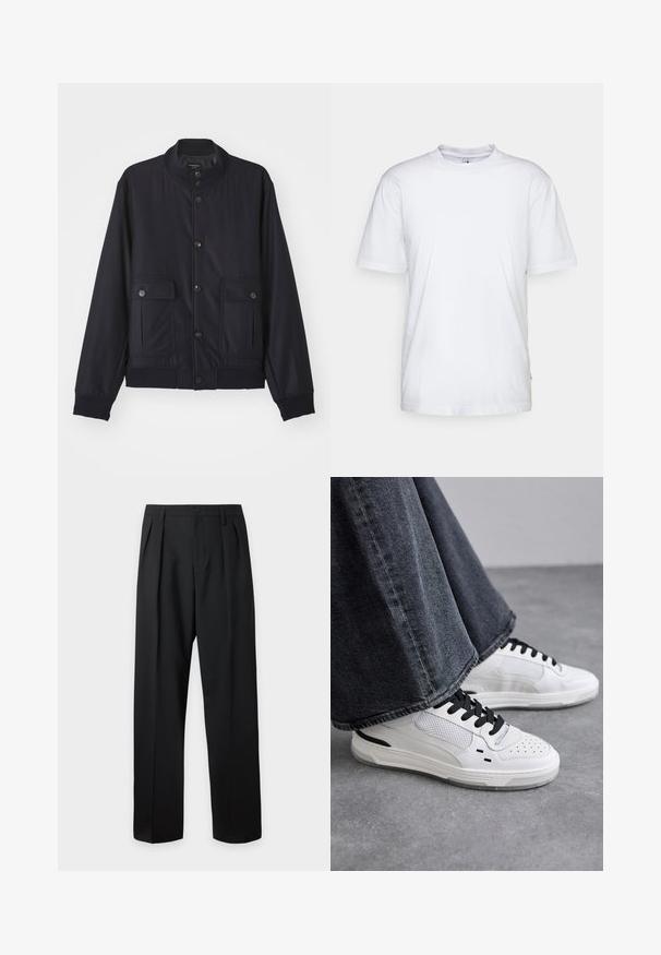 Chaqueta azul marino hecha de material suave, con un cuello alto, cierre frontal de botones, dos bolsillos en el pecho y dobladillos y puños acanalados.; Camiseta de algodón blanca con cuello redondo, mangas cortas y dobladillo recto. Cuenta con una pequeña etiqueta de la marca en la costura lateral izquierda.; Pantalones negros de talle alto y corte sastre, con presillas para cinturón, pliegues delanteros, cierre de botones y piernas anchas y rectas sobre un fondo claro.; Zapatillas blancas con cordones negros y detalles de malla. Presenta un upper de cuero liso y una suela de goma texturizada. Combinadas con unos vaqueros de pierna ancha en gris.