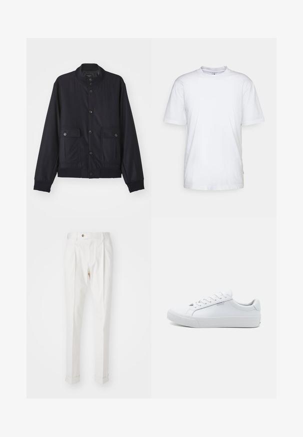 Navy blue jas van zacht materiaal, met een hoge kraag, voor een knoopsluiting, twee borstzakken en een geribde zoom en manchetten.; Witte katoenen t-shirt met een ronde hals, korte mouwen en een rechte zoom. Heeft een klein merktag aan de linkerkant van de zijnaad.; Witte, op maat gemaakte broeken met een platte voorkant, twee plooien en omgeslagen pijpen. Gemaakt van een gladde stof met een knoopsluiting in de taille.; Witte leren sneakers met een gladde afwerking, laagmodel ontwerp, ronde neus en platte rubberen zool. Voorzien van platte veters en minimale merkpresentatie.