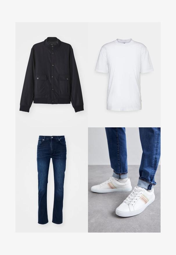 Marineblå jakke lavet af blødt materiale, med høj krave, frontlukning med knapper, to brystlommer og ribbede kanter og manchetter.; Hvid bomulds t-shirt med rund hals, korte ærmer og lige kant. Har et lille mærke på den venstre sidesøm.; Mørkeblå denim jeans med lige ben, der har et klassisk fem-lomme design og diskrete stikninger.; Hvide lædersneakers med multicolore striber, snørebåndsdesign, gummisål og polstret krave, parret med blå denimjeans.