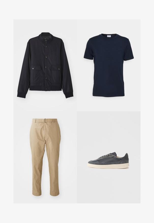 Marineblå jakke lavet af blødt materiale, med høj krave, frontlukning med knapper, to brystlommer og ribbede kanter og manchetter.; Marineblå crew-neck t-shirt lavet af blødt stof. Korte ærmer med en klassisk pasform, der har et mærke ved halsen. Glat tekstur, minimalistisk design.; Beige chinos i en glat bomuldsblanding med en slim fit, flad front, bæltestropper og en simpel sølvspænde i et minimalistisk design.; Mørkegrå sneakers lavet af læder og ruskind med lavt snit, med en cremefarvet gummisål og flade snørebånd.