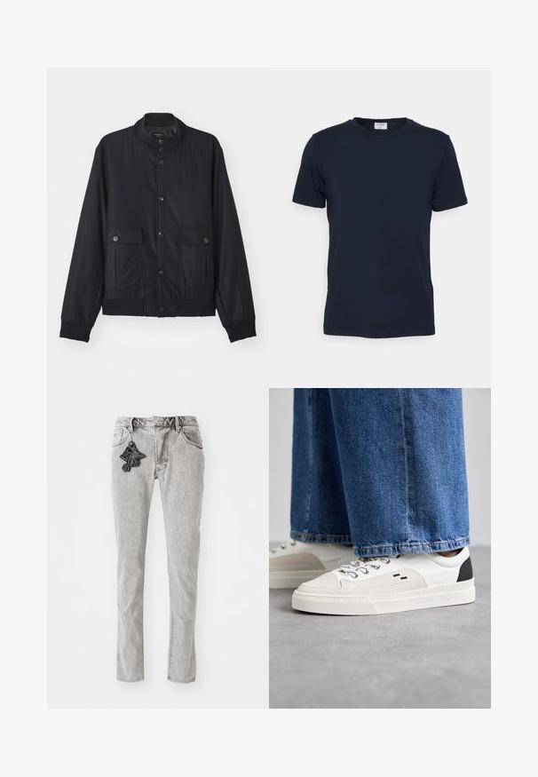 Marineblå jakke lavet af blødt materiale, med høj krave, frontlukning med knapper, to brystlommer og ribbede kanter og manchetter.; Marineblå crew-neck t-shirt lavet af blødt stof. Korte ærmer med en klassisk pasform, der har et mærke ved halsen. Glat tekstur, minimalistisk design.; Lys grå lige ben denim jeans med lynlås, fem lommer og en dekorativ sort nøglering som accent foran.; Hvide og sorte sneakers med en glat læderoverdel, teksturerede detaljer og en kraftig hvid sål. Har et klassisk snørebåndsdesign.