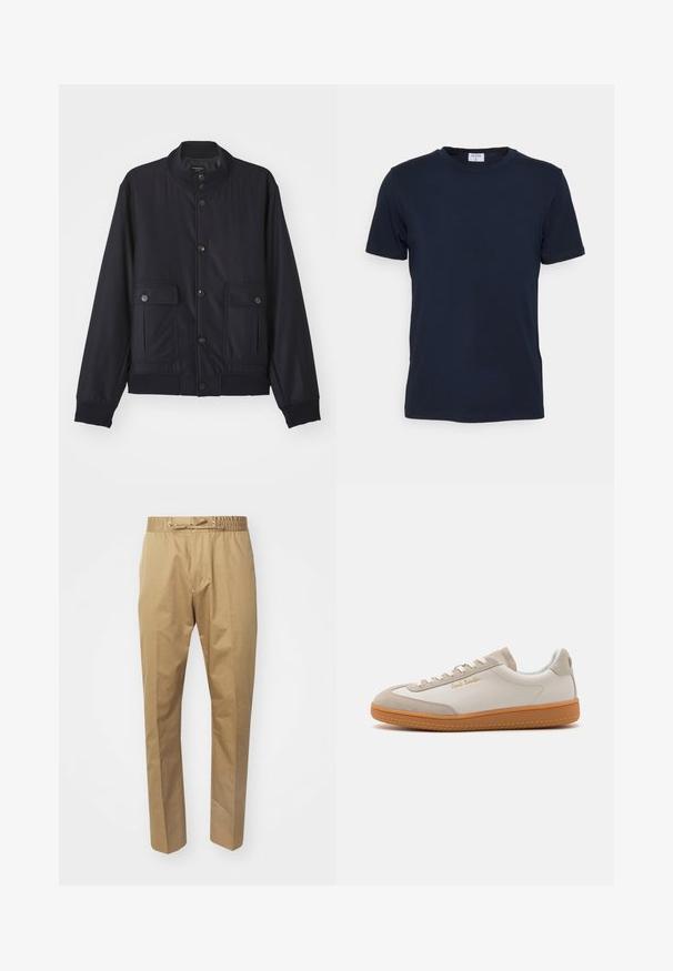 Navy blue jas van zacht materiaal, met een hoge kraag, voor een knoopsluiting, twee borstzakken en een geribde zoom en manchetten.; Marineblauwe crewneck t-shirt gemaakt van zachte stof. Korte mouwen met een klassieke pasvorm, met een label aan de hals. Soepele textuur, minimale uitstraling.; Beige broeken met een elastische tailleband en verstelbare trekker. Glad oppervlak, rechte pijpen en een minimalistisch ontwerp.; Witte en beige lage sneakers met een gumrubberen zool, witte veters, suède details en een gouden "Paul Smith" logo aan de zijkant.