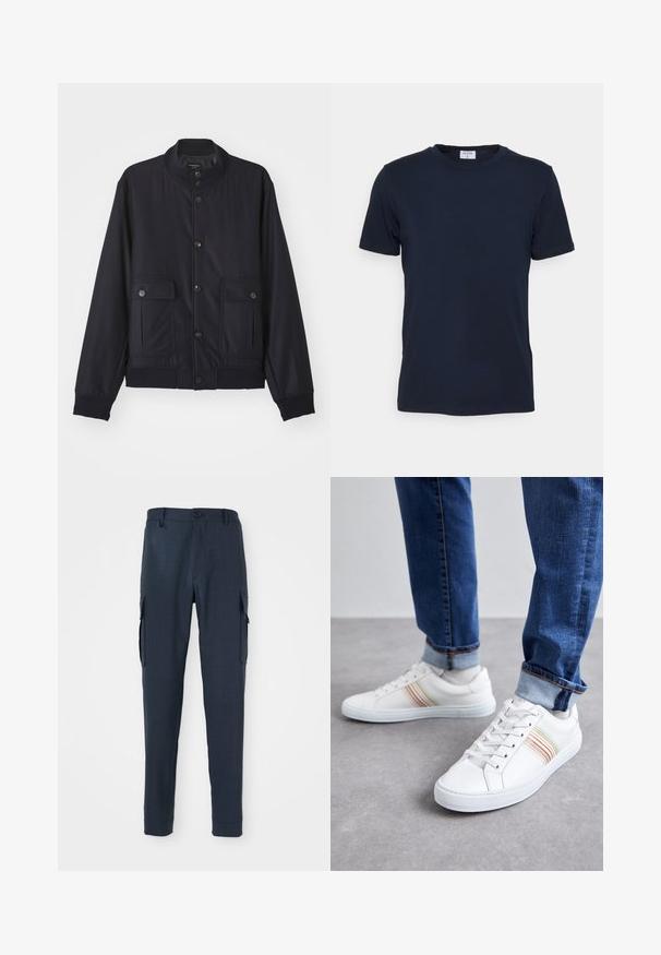 Veste bleu marine en matériau doux, dotée d'un col haut, d'une fermeture à boutons sur le devant, de deux poches poitrine et d'un ourlet et de poignets côtelés.; T-shirt bleu marine à col ras du cou fabriqué en tissu doux. Manches courtes avec une coupe classique, avec une étiquette au niveau du col. Texture lisse, design minimal.; Pantalons cargo navy en tissu texturé, coupe slim, fermeture à bouton à la taille et poches latérales pour plus de fonctionnalité.; Baskets en cuir blanc avec des rayures multicolores, design à lacets, semelle en caoutchouc et col rembourré, associées à un jean en denim bleu.