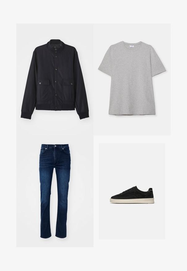 Marineblaue Jacke aus weichem Material, mit hohem Kragen, vorderem Knopfverschluss, zwei Brusttaschen sowie geripptem Saum und Ärmeln.; Graues T-Shirt mit kurzen Ärmeln aus weichem, strukturiertem Stoff. Verfügt über einen klassischen Rundhalsausschnitt und einen geraden Saum, geeignet für legere Trageanlässe.; Dunkelblaue Jeans aus Denim im geraden Schnitt, mit einem klassischen Fünf-Taschen-Design und dezenten Nähdetails.; Schwarzer Wildleder-Low-Top-Sneaker mit schwarzen Schnürsenkeln und weißer Gummisohle, Seitenansicht auf schlichtem hellgrauem Hintergrund.