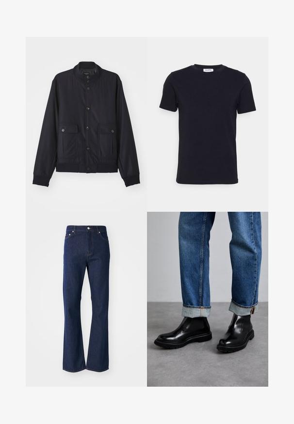 Veste bleu marine en matériau doux, dotée d'un col haut, d'une fermeture à boutons sur le devant, de deux poches poitrine et d'un ourlet et de poignets côtelés.; T-shirt noir à manches courtes avec un col ras-du-cou, muni d'une petite étiquette blanche à l'intérieur du col.; Jeans évasés de couleur bleu foncé en denim. Comprend cinq poches, une fermeture éclair à l'avant et un bouton métallique. Accents de couture classique.; Bottines en cuir noir avec des panneaux élastiques sur les côtés et des semelles en caoutchouc texturé, associées à un jean en denim bleu retroussé.