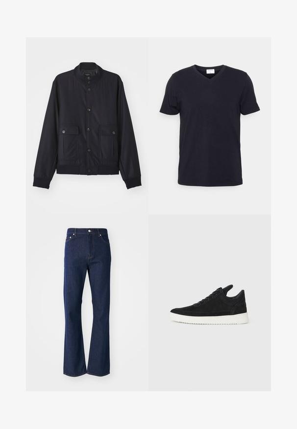 Veste bleu marine en matériau doux, dotée d'un col haut, d'une fermeture à boutons sur le devant, de deux poches poitrine et d'un ourlet et de poignets côtelés.; T-shirt noir à col en V en coton, doté de manches courtes et d'une coupe décontractée. Design simple, sans motifs ni accents supplémentaires.; Jeans évasés de couleur bleu foncé en denim. Comprend cinq poches, une fermeture éclair à l'avant et un bouton métallique. Accents de couture classique.; Baskets en daim noir avec une semelle en caoutchouc blanc, présentant des coutures tonales et un design lacé. Texture lisse avec une forme moderne et épurée.