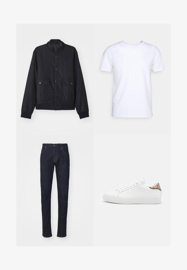 Chaqueta azul marino hecha de material suave, con un cuello alto, cierre frontal de botones, dos bolsillos en el pecho y dobladillos y puños acanalados.; Camiseta blanca de manga corta en tejido de algodón con cuello redondo. Diseño simple sin patrones ni acentos. Textura suave.; Jeans de denim azul oscuro con un corte slim, diseño de cinco bolsillos y cierre de botón. Presenta costuras en contraste y un corte de pierna recta.; Zapatilla de cuero blanca con un acabado suave, que presenta un acento de rayas coloridas en el talón, ojal dorado y suela plana blanca.