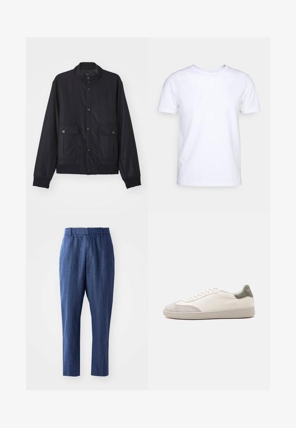 Veste bleu marine en matériau doux, dotée d'un col haut, d'une fermeture à boutons sur le devant, de deux poches poitrine et d'un ourlet et de poignets côtelés.; T-shirt blanc à manches courtes en tissu de coton avec un col rond. Design simple sans motifs ni accents. Texture lisse.; Pantalons en lin bleu marine avec une coupe décontractée, une taille élastique et des jambes fuselées. Caractérisés par une texture lisse et des détails de couture minimaux.; Baskets basses blanches avec accents en daim gris clair sur le bout et le talon, lacets blancs et semelle beige plate, vues de côté extérieur.