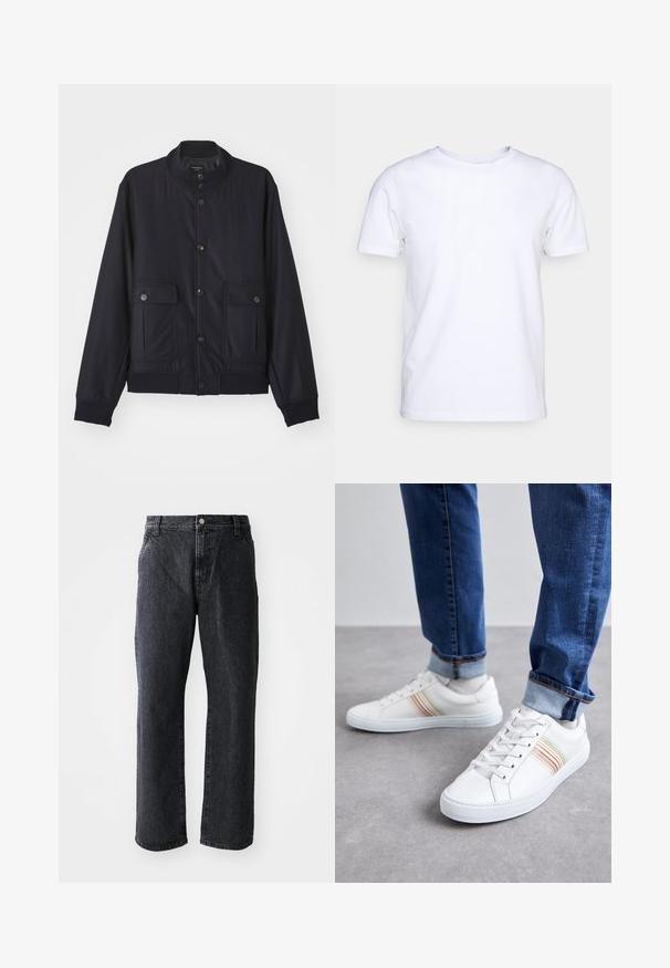 Navy blue jas van zacht materiaal, met een hoge kraag, voor een knoopsluiting, twee borstzakken en een geribde zoom en manchetten.; Witte katoenen t-shirt met korte mouwen en een ronde hals. Eenvoudig ontwerp zonder patronen of accenten. Glad textuur.; Zwarte denim jeans met een rechte pijp, voorzien van een knoopsluiting, vijf zakken en een subtiele textuur. Klassiek ontwerp zonder opvallende patronen.; Witte leren sneakers met meerkleurige strepen, vetersluiting, rubberen zool en gevoerd kraagje, gecombineerd met blauwe spijkerbroek.
