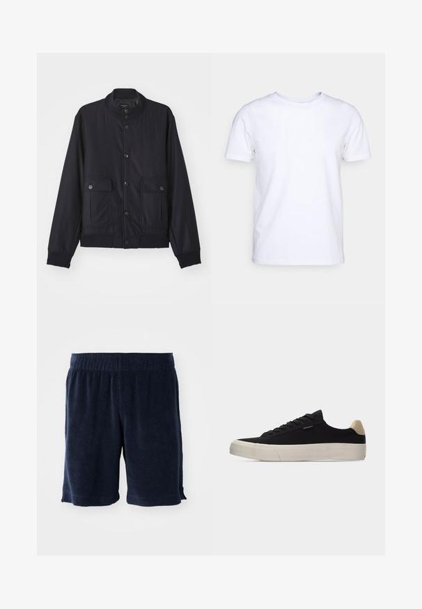 Veste bleu marine en matériau doux, dotée d'un col haut, d'une fermeture à boutons sur le devant, de deux poches poitrine et d'un ourlet et de poignets côtelés.; T-shirt blanc à manches courtes en tissu de coton avec un col rond. Design simple sans motifs ni accents. Texture lisse.; Shorts en éponge bleu marine avec taille élastique, longueur au genou et poches latérales. Texture douce et design simple.; Baskets basses noires avec languette beige au talon, semelle en caoutchouc blanche épaisse, lacets noirs et petite étiquette "PS Paul Smith" sur le côté.