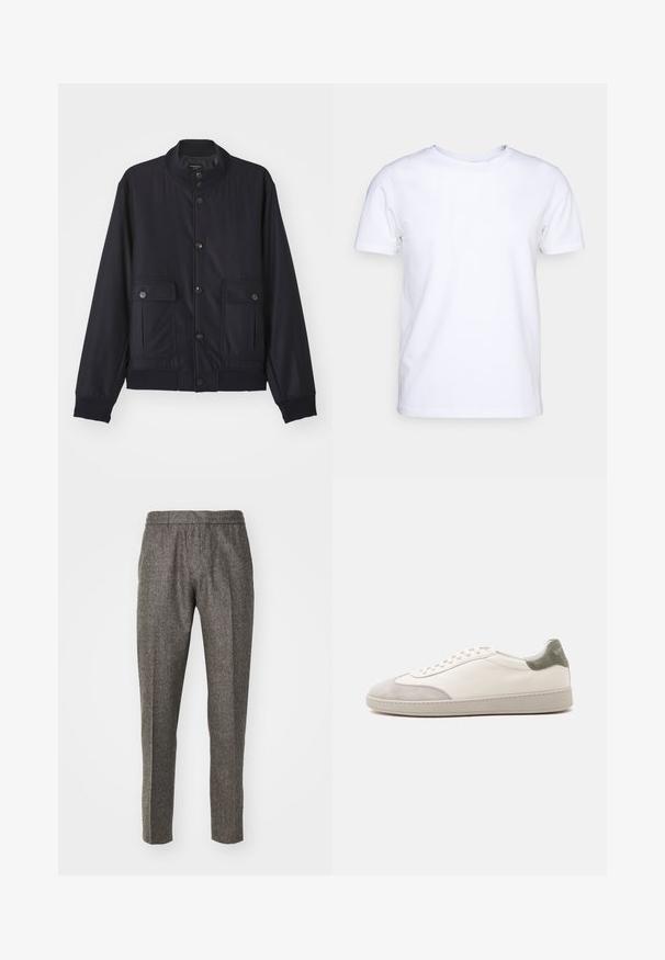 Navy blue jas van zacht materiaal, met een hoge kraag, voor een knoopsluiting, twee borstzakken en een geribde zoom en manchetten.; Witte katoenen t-shirt met korte mouwen en een ronde hals. Eenvoudig ontwerp zonder patronen of accenten. Glad textuur.; Grijze wollen broek met een op maat gemaakt ontwerp, voorzien van een gladde textuur, rechte pijpen en subtiele stikhoudingen.; Witte lage sneaker met lichtgrijze suède accenten op de neus en hiel, witte veters en een platte beige zool, gezien vanaf de buitenkant.