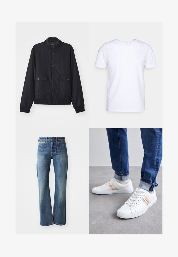 Navy blue jas van zacht materiaal, met een hoge kraag, voor een knoopsluiting, twee borstzakken en een geribde zoom en manchetten.; Witte katoenen t-shirt met korte mouwen en een ronde hals. Eenvoudig ontwerp zonder patronen of accenten. Glad textuur.; Denim jeans in een licht tot gemiddeld blauwe kleur, met een recht gesneden pijp, klassiek vijf-pocket ontwerp en subtiele vervaging aan de voorkant.; Witte leren sneakers met meerkleurige strepen, vetersluiting, rubberen zool en gevoerd kraagje, gecombineerd met blauwe spijkerbroek.