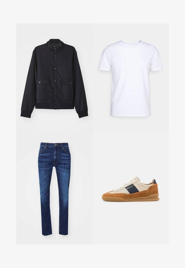 Veste bleu marine en matériau doux, dotée d'un col haut, d'une fermeture à boutons sur le devant, de deux poches poitrine et d'un ourlet et de poignets côtelés.; T-shirt blanc à manches courtes en tissu de coton avec un col rond. Design simple sans motifs ni accents. Texture lisse.; Jean en denim bleu foncé avec une coupe droite, comportant cinq poches, des coutures orange contrastantes et une fermeture à bouton en métal classique.; PS Paul Smith DOVER - Baskets basses - cognac/off-white