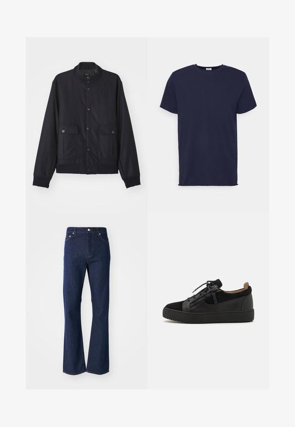 Marineblaue Jacke aus weichem Material, mit hohem Kragen, vorderem Knopfverschluss, zwei Brusttaschen sowie geripptem Saum und Ärmeln.; Marineblaues T-Shirt mit kurzen Ärmeln aus weichem Stoff. Es hat einen Rundhalsausschnitt und einen geraden Schnitt ohne Muster oder Akzente.; Dunkelblaue Jeans mit ausgestelltem Schnitt aus Denim. Verfügt über fünf Taschen, einen Reißverschluss vorne und einen Metallknopfverschluss. Klassische Nähte setzen Akzente.; Giuseppe Zanotti DOUBLE ZIP - Sneaker low - black