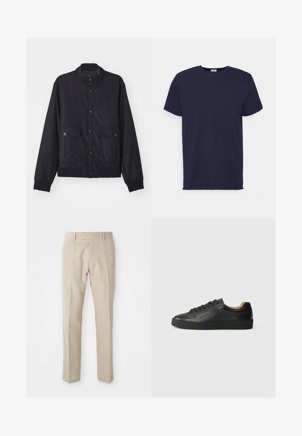 Marineblå jakke lavet af blødt materiale, med høj krave, frontlukning med knapper, to brystlommer og ribbede kanter og manchetter.; Marineblå kortærmet t-shirt lavet af blødt stof. Har rund halsudskæring og en lige pasform uden mønstre eller accenter.; Beige skræddersyede bukser lavet af tekstureret stof, med flad front, lige ben og en traditionel talje med bæltesløjfer.; Sorte lavtop lædersneakers med tekstureret overflade, sorte snørebånd og tyk gummisål, vist fra siden på en lys baggrund.