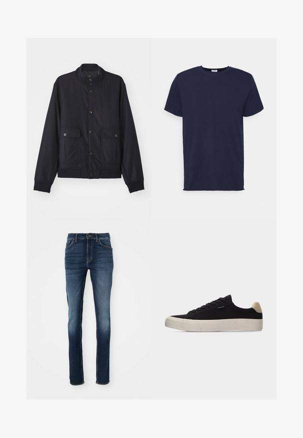 Navy blue jas van zacht materiaal, met een hoge kraag, voor een knoopsluiting, twee borstzakken en een geribde zoom en manchetten.; Navyblauwe T-shirt met korte mouwen van zachte stof. Heeft een ronde hals en een rechte snit zonder patronen of accenten.; Donkerblauwe denim jeans met een slim fit, voorzien van vijf zakken, gouden stiksels en een licht vervaagde voorkant voor een casual uitstraling.; Zwarte lage sneaker met beige hielstuk, dikke witte rubberen zool, zwarte veters en een klein "PS Paul Smith" label aan de zijkant.