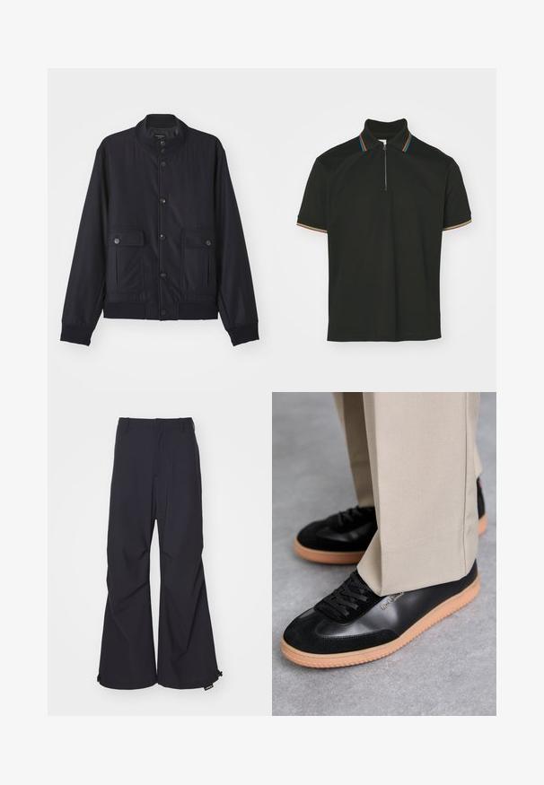 Veste bleu marine en matériau doux, dotée d'un col haut, d'une fermeture à boutons sur le devant, de deux poches poitrine et d'un ourlet et de poignets côtelés.; Polo noir avec un col zippé et des rayures multicolores. Manches courtes et texture en coton lisse.; Pantalons à jambe large bleu marine en tissu lisse, dotés de deux poches avant et d'accents en cordon à l'ourlet. Design épuré et bien taillé sans embellissements.; Paul Smith COMO - Baskets basses - black