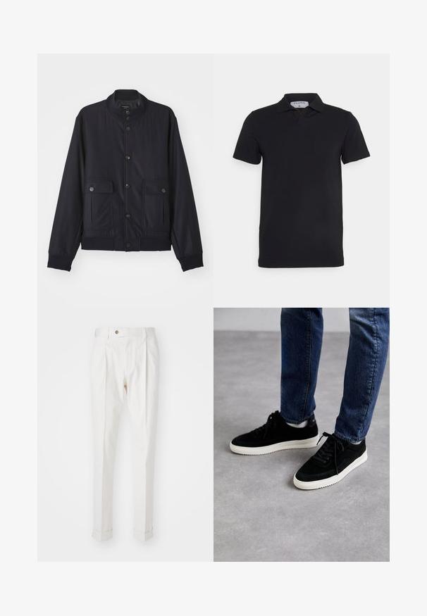 Chaqueta azul marino hecha de material suave, con un cuello alto, cierre frontal de botones, dos bolsillos en el pecho y dobladillos y puños acanalados.; Camisa polo negra de manga corta con un cuello clásico, fabricada en un tejido suave. Presenta una etiqueta con el nombre de la marca 'Filippa K' en el escote.; Pantalones blancos, ajustados, con un frente plano, dos pliegues y puños enrollados. Hechos de una tela suave con un cierre de botón en la cintura.; Zapatillas de ante negras con suela de goma blanca, que presentan un diseño clásico de corte bajo, puntera redondeada y cordones planos negros.