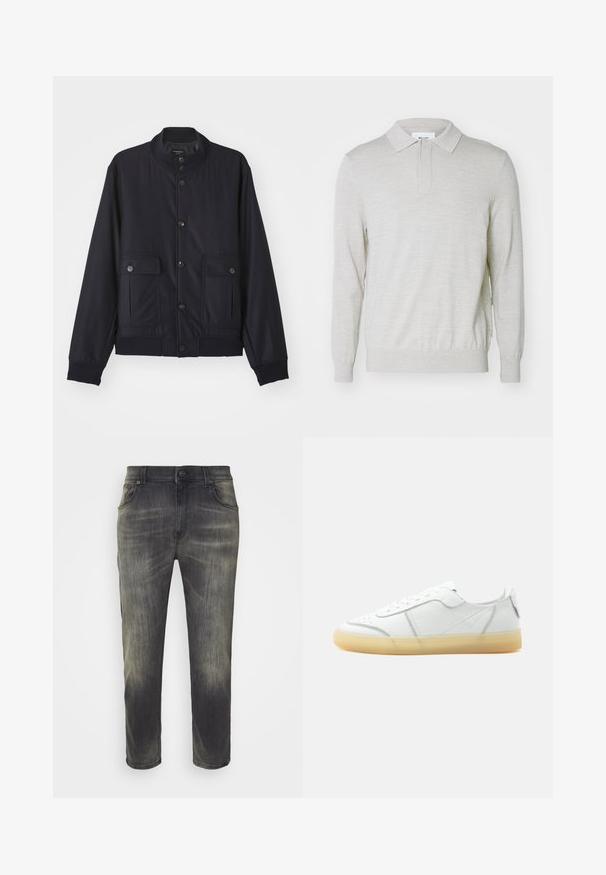 Navy blue jas van zacht materiaal, met een hoge kraag, voor een knoopsluiting, twee borstzakken en een geribde zoom en manchetten.; NN.07 EMERSON - Poloshirt - white pepper; Donkergrijze jeans met een vervaagde afwerking, rechte pijpdesign, vijf zakken en een sluiting met een knoop aan de voorkant. Van katoen denim stof, met een zachte textuur.; Witte lage leren sneaker met beige doorschijnende zool, veters aan de voorkant en minimale stiksel details, zijaanzicht op een effen achtergrond.