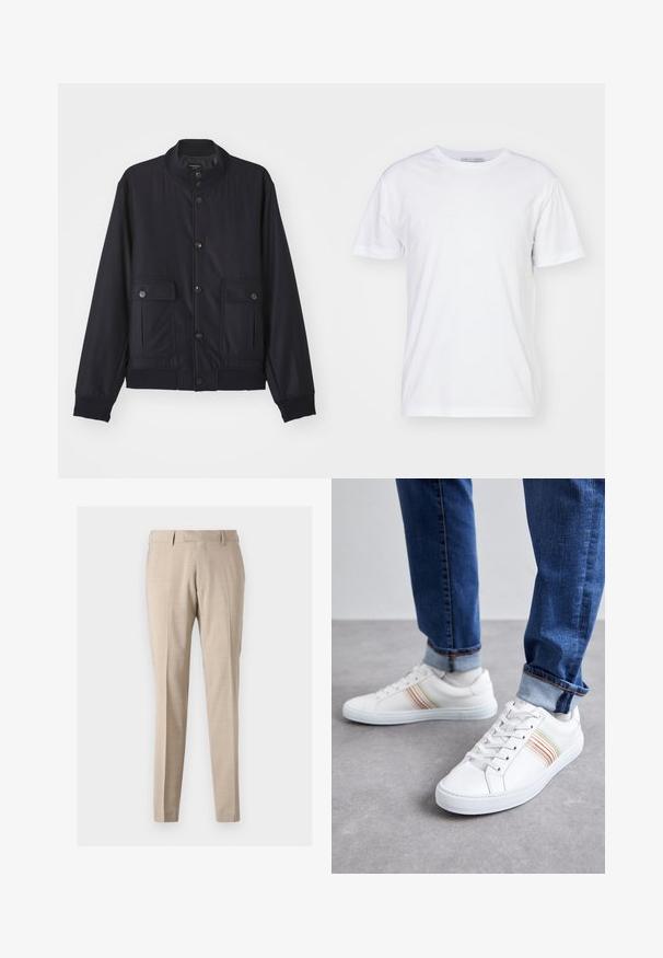 Marineblaue Jacke aus weichem Material, mit hohem Kragen, vorderem Knopfverschluss, zwei Brusttaschen sowie geripptem Saum und Ärmeln.; Weißes Baumwoll-T-Shirt mit Rundhalsausschnitt, kurzen Ärmeln und geradem Schnitt. Keine Muster oder Verzierungen, glatte Textur und schlichtes Design.; Beige, taillierte Hose aus leichtem Stoff, mit vorderen Falten, zwei seitlichen Taschen und einer glatten Textur.; Weiße Leder-Sneaker mit mehrfarbigen Streifen, Schnürdesign, Gummisohle und gepolstertem Kragen, kombiniert mit blauen Jeans.