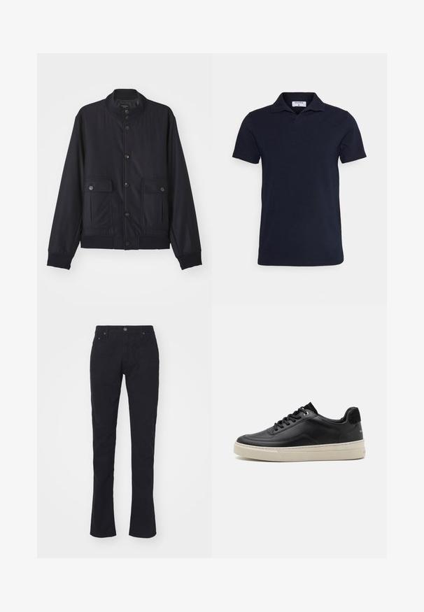 Marineblaue Jacke aus weichem Material, mit hohem Kragen, vorderem Knopfverschluss, zwei Brusttaschen sowie geripptem Saum und Ärmeln.; Navyblaues Poloshirt aus Baumwolle mit klassischen Kragen und kurzen Ärmeln. Einfaches Design mit glatter Textur.; Schwarze Baumwollhose mit geradem Schnitt, mit Knopfverschluss, zwei Fronttaschen und einer glatten Textur. Keine Muster oder Akzente.; Schwarzer Ledersneaker mit niedrigem Profil, ausgestattet mit einer cremefarbenen Gummisohle, runder Zehe und Schnürdesign, akzentuiert mit einer Ferse aus schwarzem Wildleder.