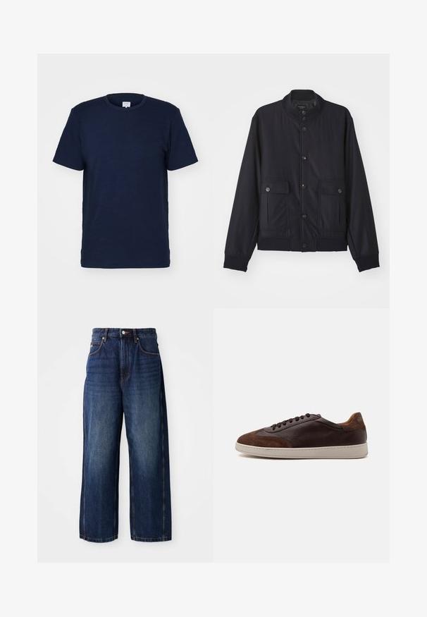 Veste bleu marine en matériau doux, dotée d'un col haut, d'une fermeture à boutons sur le devant, de deux poches poitrine et d'un ourlet et de poignets côtelés.; T-shirt bleu marine à manches courtes avec un col rond, fabriqué en tissu doux, présentant une texture lisse et un design simple sans motifs.; Jean large bleu foncé en denim. Comprend une ceinture classique avec passants, des poches avant et une silhouette droite.; Basket basse en cuir et daim marron avec des lacets marron foncé et une semelle en caoutchouc blanche vue du côté extérieur.