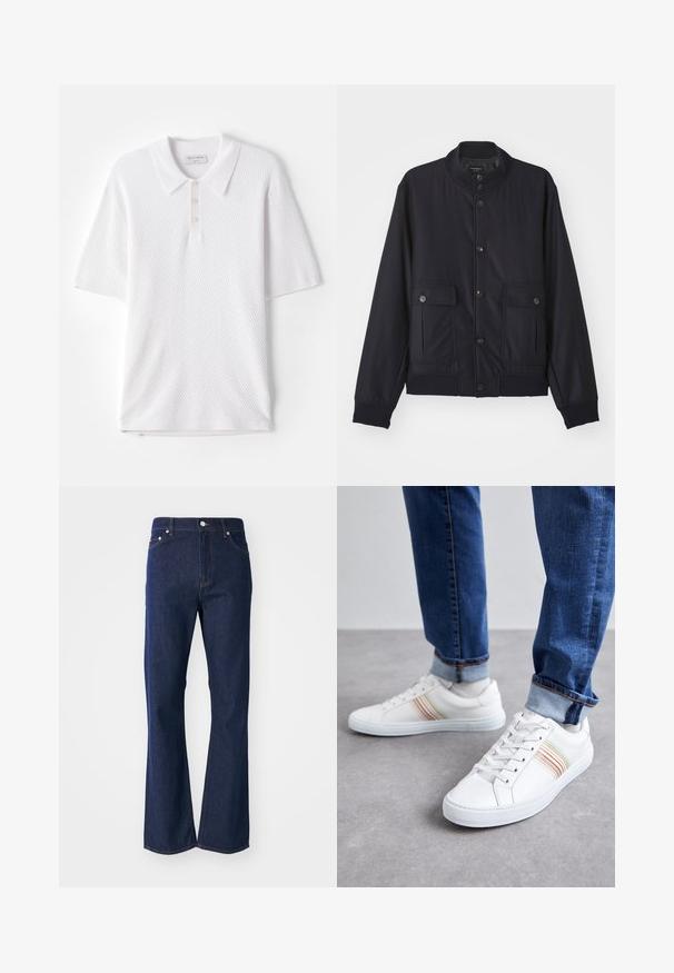 Marineblaue Jacke aus weichem Material, mit hohem Kragen, vorderem Knopfverschluss, zwei Brusttaschen sowie geripptem Saum und Ärmeln.; Weißes Poloshirt aus strukturiertem Rippstoff, mit einem Kragen und drei kleinen Knöpfen auf der Vorderseite. Kurze Ärmel und gerader Saum.; Dunkelblaue Jeans mit ausgestelltem Schnitt aus Denim. Verfügt über fünf Taschen, einen Reißverschluss vorne und einen Metallknopfverschluss. Klassische Nähte setzen Akzente.; Weiße Leder-Sneaker mit mehrfarbigen Streifen, Schnürdesign, Gummisohle und gepolstertem Kragen, kombiniert mit blauen Jeans.