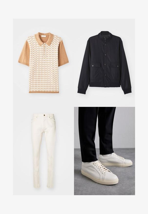 Navy blue jas van zacht materiaal, met een hoge kraag, voor een knoopsluiting, twee borstzakken en een geribde zoom en manchetten.; Kortearmpolo met een beige textuurpatroon, lichtbruine kraag en manchetten, met drie knopen en geometrische ontwerpen.; Beige katoenen jeans met een slim fit, voorzien van een frontknop, vijf zakken en subtiele stikdetails. Soepele textuur en taps toelopende pijpen.; Lichtbeige leren sneakers met platte veters, een gestructureerd oppervlak en een contrasterende crème-kleurige rubberen zool, gecombineerd met zwarte taps toelopende broek.