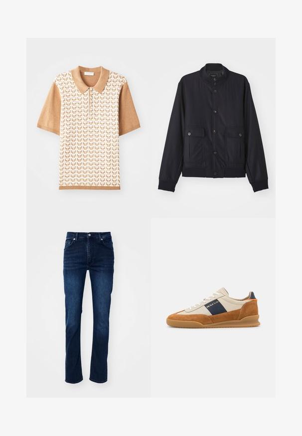Navy blue jas van zacht materiaal, met een hoge kraag, voor een knoopsluiting, twee borstzakken en een geribde zoom en manchetten.; Kortearmpolo met een beige textuurpatroon, lichtbruine kraag en manchetten, met drie knopen en geometrische ontwerpen.; Donkerblauwe spijkerbroeken met een recht model, voorzien van een klassiek vijf-pocket ontwerp en subtiele stikseldetails.; PS Paul Smith DOVER - Sneakers laag - cognac/off-white