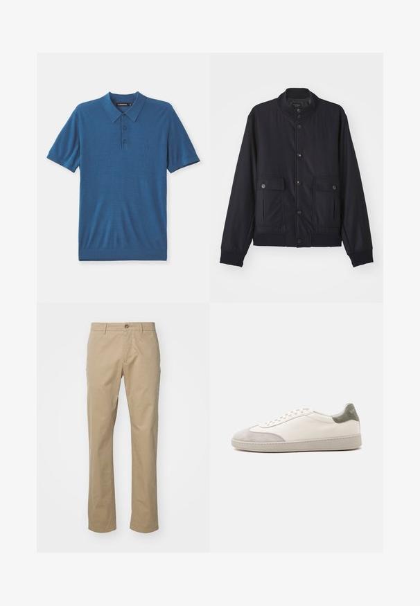 Navy blue jas van zacht materiaal, met een hoge kraag, voor een knoopsluiting, twee borstzakken en een geribde zoom en manchetten.; Blauwe polo in zachte stof, met een kraag, drie knopen en korte mouwen. Subtiel logo op de borst.; Beige chinos met een rechte pijp, gemaakt van katoen, met een enkele knoop aan de voorkant en een standaard tailleband met riemlussen.; Witte lage sneaker met lichtgrijze suède accenten op de neus en hiel, witte veters en een platte beige zool, gezien vanaf de buitenkant.