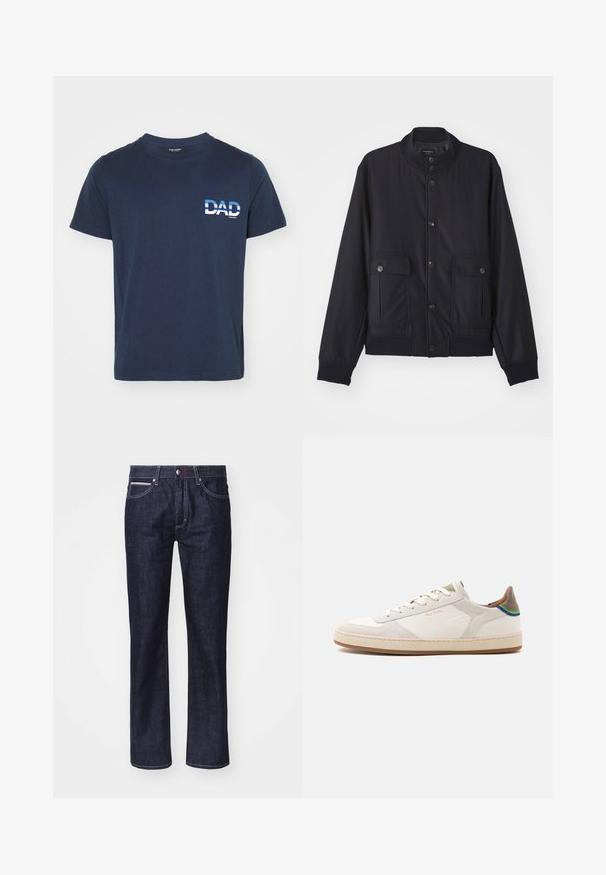 Navy blue jas van zacht materiaal, met een hoge kraag, voor een knoopsluiting, twee borstzakken en een geribde zoom en manchetten.; Marineblauwe katoenen T-shirt met korte mouwen. Heeft een witte grafische tekst "DAD" aan de linkerkant, in een vet lettertype. Eenvoudig en casual ontwerp.; Donkerblauwe denim jeans met een rechte snit, subtiele contrasterende stiksels, vijf zakken en een knoopsluiting bij de taille.; Witte lage sneaker met beige zool, veters aan de voorkant, groene en blauwe detail op de hiel en subtiel gouden "Paul Smith" logo aan de zijkant.