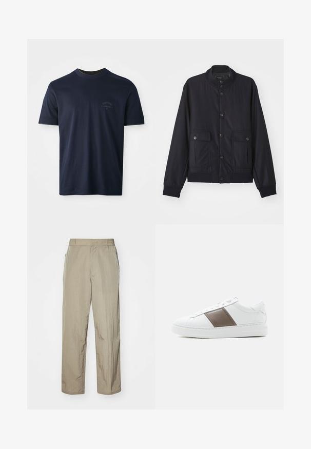 Navy blue jas van zacht materiaal, met een hoge kraag, voor een knoopsluiting, twee borstzakken en een geribde zoom en manchetten.; Marineblauwe katoenen t-shirt met korte mouwen, ronde hals en een geborduurd logo op de linkerborst. Gladde textuur, klassieke pasvorm.; Beige, lichtgewicht broeken met een ontspannen fit, voorzien van een elastische tailleband en zijzakken. De stof ziet eruit alsof het een textuur heeft en iets gekreukt is.; Witte leren sneaker met een bruin leren zijpaneel en witte zool, voorzien van vetersluiting en Emporio Armani branding aan de zijkant.