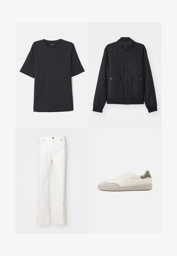 Marineblaue Jacke aus weichem Material, mit hohem Kragen, vorderem Knopfverschluss, zwei Brusttaschen sowie geripptem Saum und Ärmeln.; Marineblaue gerippte Kurzarm-T-Shirt mit Rundhalsausschnitt, versehen mit einem dezenten Logo auf der unteren rechten Seite. Weicher Stoff, lässige Passform.; Weiße Jeans mit geradem Bein, ausgestattet mit einem Fünf-Taschen-Design, einem Metallknopfverschluss und minimalen Nähten.; Weißer niedriger Sneaker mit hellgrauen Wildleder-Akzenten an Zehen und Ferse, weißen Schnürsenkeln und einer flachen beigen Sohle, von der Außenseite gezeigt.