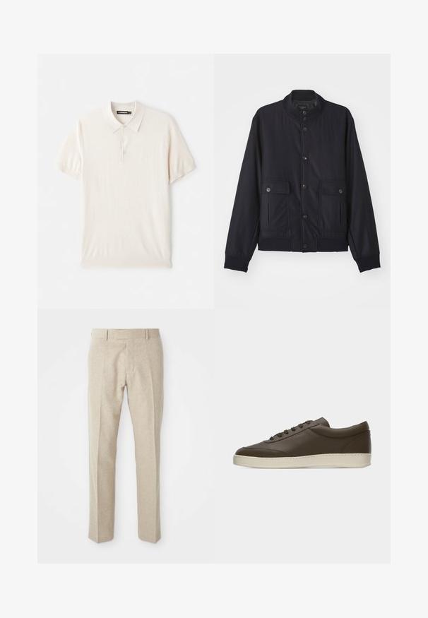 Veste bleu marine en matériau doux, dotée d'un col haut, d'une fermeture à boutons sur le devant, de deux poches poitrine et d'un ourlet et de poignets côtelés.; Polo shirt beige clair avec un col classique, une patte de boutonnage à trois boutons et des manches courtes. Fabriqué à partir d'un tissu doux et lisse. Design simple sans motifs.; Pantalons taillés beige en tissu texturé, avec un devant plat, des jambes droites et une taille traditionnelle avec passants de ceinture.; Baskets basses en cuir marron foncé avec lacets sur le devant et semelle en caoutchouc couleur crème, vues de côté extérieur sur fond blanc.