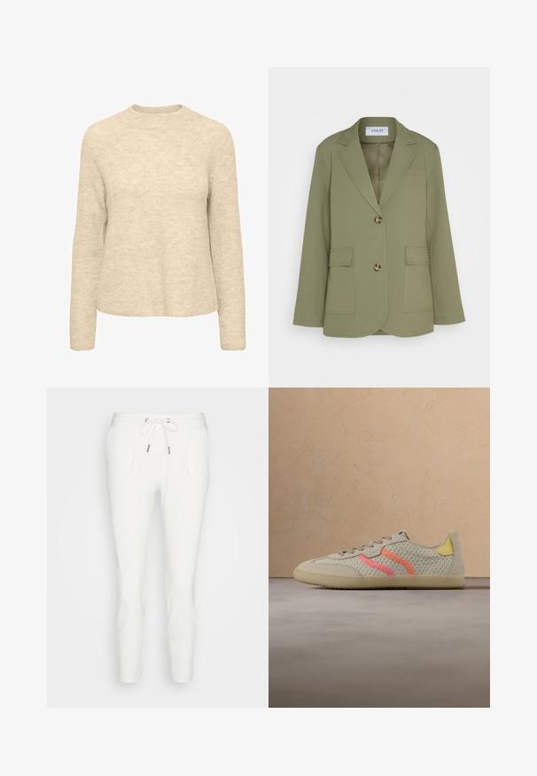 Envii Bleiseri - deep lichen green; Beige neulepaita, jossa on pehmeä tekstuuri, pyöreä pääntie ja pitkät hihat. Yksinkertainen malli ilman näkyviä kuvioita tai koristeluita.; Valkoiset collegehousut, jotka on valmistettu pehmeästä kankaasta. Housuissa on kiristysnauha vyötäröllä, kaksi sivutaskua ja kapeneva malli ilman näkyviä kuvioita tai yksityiskohtia.; Beigen värinen tennari, jossa on teksturoitu verkkomateriaali päällisenä, vaaleanpunaisia ja keltaisia yksityiskohtia, pyöreä kärkiosa ja beigellä kumipohjalla. Nauhat ovat vaaleanharmaat.