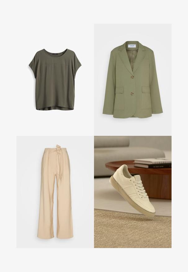 Envii Blazer - deep lichen green; Olijf groene blouse met korte mouwen, een ronde halslijn, een gladde textuur en een iets langere achterzoom. Eenvoudig ontwerp, casual pasvorm.; Beige wijde broek in een gladde stof, met een gestrikt taille detail en voorplooien voor een gestructureerde vorm.; Witte leren sneaker met vetersluiting, gestructureerde accenten en een doorschijnende rubberen zool, gepresenteerd boven een geweven oppervlak.