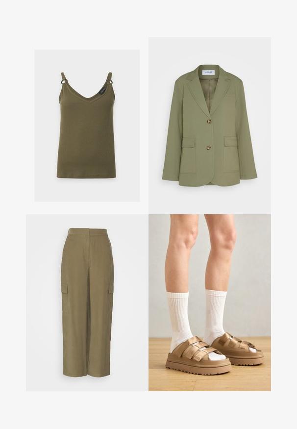 Envii Blejzer - deep lichen green; Khaki zelené, rebrované tielko s výstrihom do V, tenkými ramienkami a malými kovovými krúžkami spájajúcimi ramienka s tielkom, zobrazené na jednoduchom pozadí.; Selected SLFEMBERLY PANT - Nohavice - dusky green; Hnedé platformové sandále s troma širokými popruhmi, kombinované s bielymi rebrovými ponožkami. Hladký povrch a textúrované podrážky sú viditeľné.