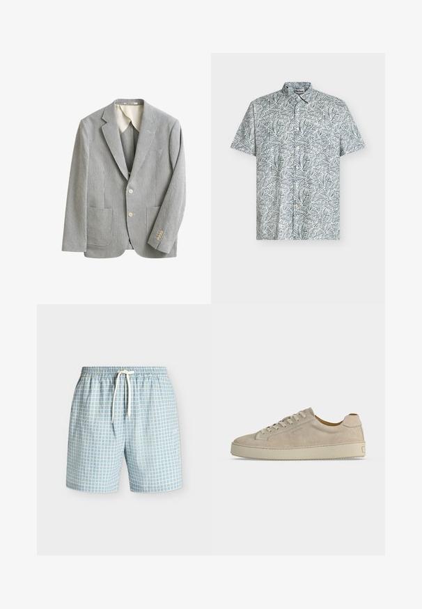 Ανοιχτό γκρι και λευκό σακάκι slim fit με λεπτές κάθετες ρίγες, δύο μπροστινές τσέπες, γιακά με νύχι, δύο κουμπιά και λεπτομέρειες μανσέτες με τέσσερα κουμπιά.; Πουκάμισο με κοντά μανίκια και κουμπιά, με πράσινο και γκρι σχέδιο φύλλων και μπροστινή τσέπη στο στήθος, εμφανίζεται σε λευκό φόντο.; Φωτεινά μπλε και λευκά κοντά παντελόνια με ελαστική μέση και λευκό κορδόνι στο μπροστινό μέρος.; Μπεζ σουέτ αθλητικό παπούτσι χαμηλό με κορδόνια και παχύ λαστιχένιο πέλμα, εμφανιζόμενο από το πλάι σε λευκό φόντο.