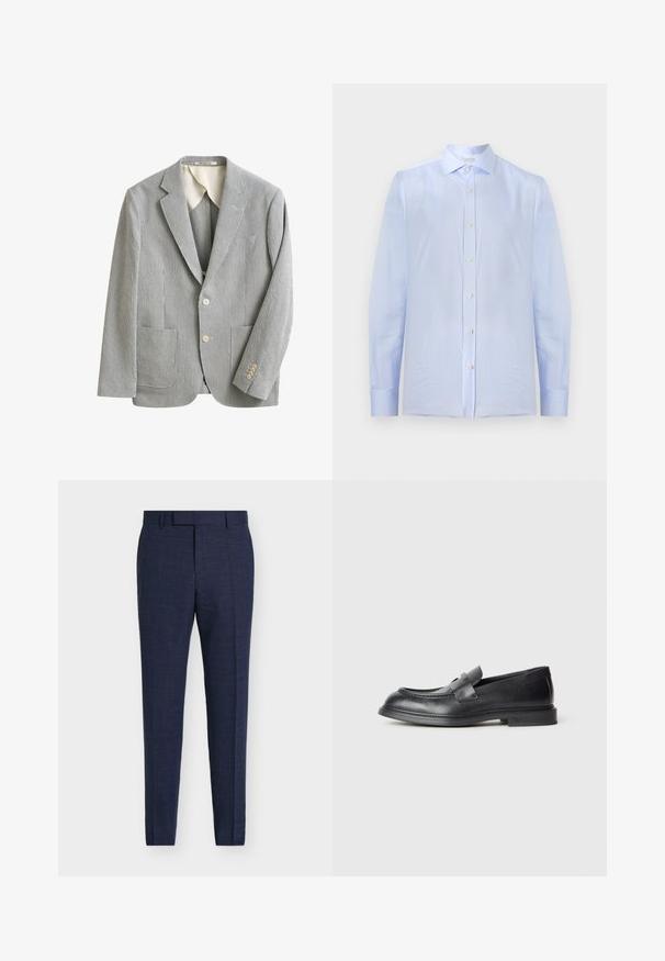 Blazer slim gris clair et blanc à fines rayures verticales, deux poches avant, revers crantés, deux boutons et finition manches à quatre boutons.; Chemise habillée homme bleu clair à manches longues avec rayures verticales blanches, boutonnée sur le devant, col classique et poignets boutonnés.; Pantalon habillé homme bleu marine sur mesure avec passants de ceinture, pli avant et coupe ajustée sur fond uni.; Mocassins en cuir noir avec une finition texturée, dotés d'une bride décorative à l'avant et d'un bout arrondi. Semelle en caoutchouc pour plus de durabilité.