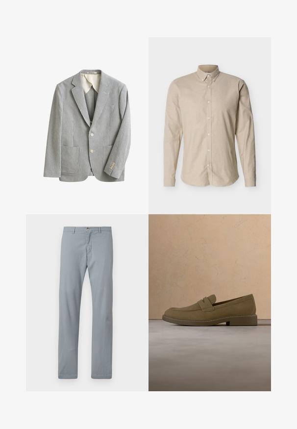 Blazer slim gris clair et blanc à fines rayures verticales, deux poches avant, revers crantés, deux boutons et finition manches à quatre boutons.; Chemise beige à manches longues avec boutons, col à boutons et silhouette ajustée, présentée sur un fond neutre.; Pantalon gris clair en tissu mélangé coton. Présente une coupe droite, une fermeture à bouton à l'avant et une texture lisse.; Mocassin en daim marron flottant au-dessus d'un tapis beige texturé dans un salon avec une table basse en bois et des livres empilés.