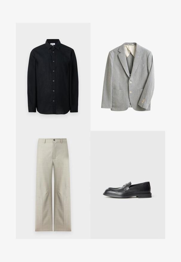 Blazer slim gris clair et blanc à fines rayures verticales, deux poches avant, revers crantés, deux boutons et finition manches à quatre boutons.; Chemise noire à manches longues avec boutons et col, présentée à plat sur un fond blanc.; Pantalon formel beige clair à jambes droites, fermeture avec bouton et fermeture éclair, passants pour ceinture, présenté sur un fond blanc.; Mocassins en cuir noir avec une finition texturée, dotés d'une bride décorative à l'avant et d'un bout arrondi. Semelle en caoutchouc pour plus de durabilité.