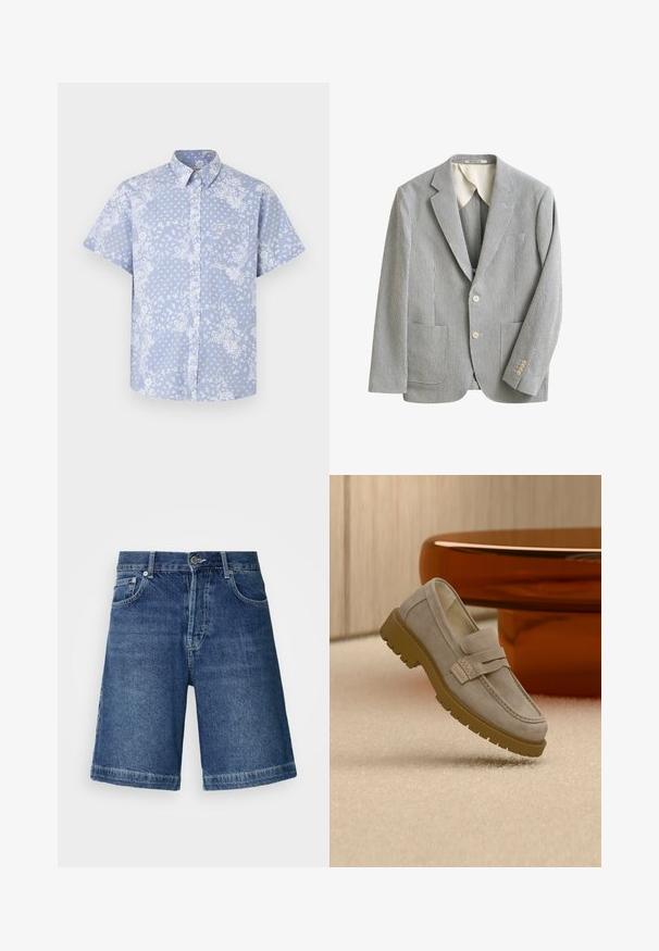 Helehall ja valge slim-fit bleiser peente vertikaalsete triipudega, kahe eesamise taskuga, sisselõigatud krae, kahe nupuga ja neljanupulise mansetinupuga.; Lühikeste varrukatega särk helesinises kangas, valge lillemustriga ja rinnataskuga, kus on logo silt.; Tumedast denim lühikesed püksid, sirge lõike, viie-tasku disainiga ja tikitud äärtega. Sisaldab ees nuppu ja tõmblukku.; Hele halli seemisnahast kingamokk, millel on jämeda pruuni kummist tald, asetatud beežile vaibale, ees uduse pruuni ümmarguse laua ees.