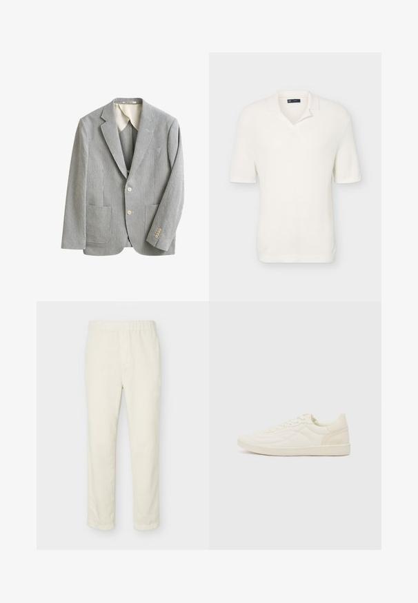 Blazer slim gris clair et blanc à fines rayures verticales, deux poches avant, revers crantés, deux boutons et finition manches à quatre boutons.; Polo blanc en maille à manches courtes, avec un col souple et une texture côtelée, présenté sur un fond clair uni.; Pantalon droit couleur blanc cassé avec taille élastique et détails minimalistes, présenté sur un fond clair uni.; ALDO THEPITCH - Baskets basses - white