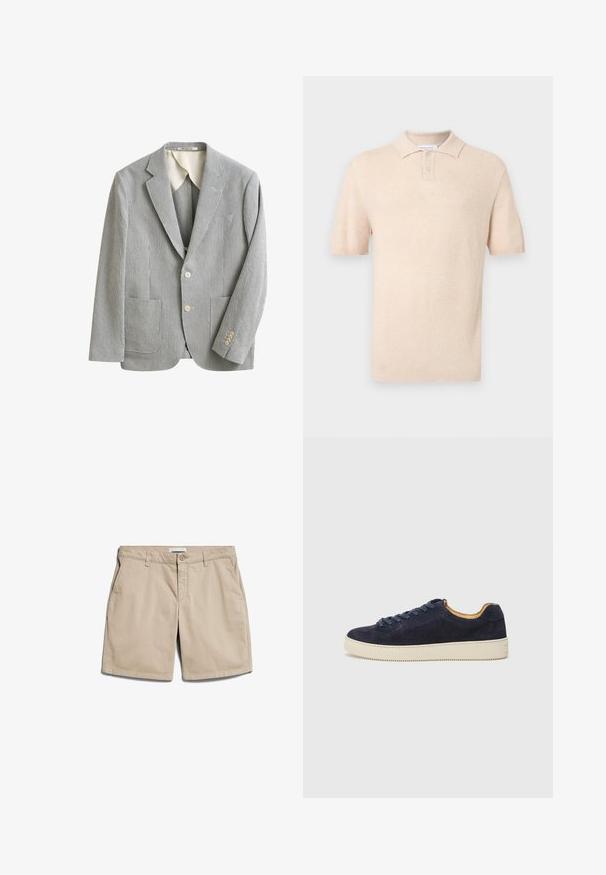 Lichtgrijze en witte slim-fit blazer met fijne verticale strepen, twee voorzakken, notch-revers, twee knopen en vierknops manchetDETAILS.; Beige polo met korte mouwen van gebreide stof met een gestructureerd patroon, twee knopen in de boord en geribbelde kraag en manchetten.; Beige shorts van lichtgewicht stof, met een vlakke voorkant, schuin geplaatste zijzakken en een enkele achterzak met knoopsluiting.; Marine blauwe suedekleurige low-top sneaker met ronde neus, off-white rubberen zool en bijpassende veters; heeft een contrasterende tan interieur voering.