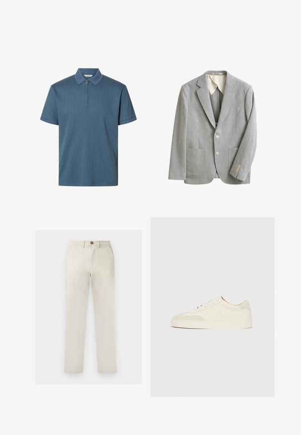 Ανοιχτό γκρι και λευκό σακάκι slim fit με λεπτές κάθετες ρίγες, δύο μπροστινές τσέπες, γιακά με νύχι, δύο κουμπιά και λεπτομέρειες μανσέτες με τέσσερα κουμπιά.; Μπλε ριμπ πλούζα πόλο με κοντά μανίκια, φερμουάρ μπροστά και υφασμένο γιακά και μανσέτες, εμφανίζεται σε λευκό φόντο.; Μπεζ παντελόνι με ίσια γραμμή, μπροστινές τσέπες, θηλιές για ζώνη, κουμπί και φερμουάρ, απεικονίζεται σε λευκό φόντο.; Λευκά σουέτ αθλητικά παπούτσια με ομαλή υφή, στρογγυλεμένη μύτη, επίπεδη σχεδίαση με κορδόνια και αντίθετες υφασμάτινες λεπτομέρειες. Διαθέτουν διακριτική λεπτομέρεια με λογότυπο.