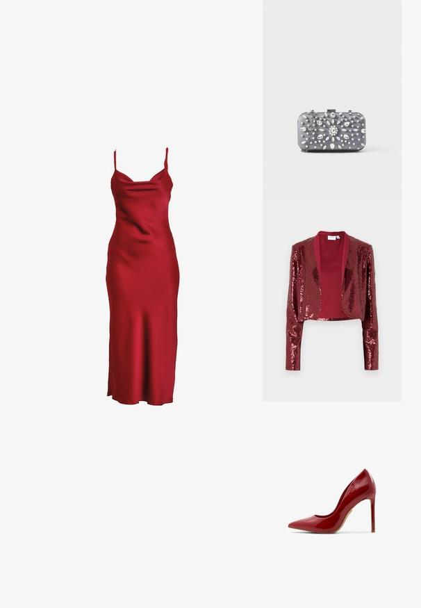 Veste courte bordeaux recouverte de sequins, dotée d'un col châle et de manches longues. Doublure intérieure lisse sans fermetures.; Robe en satin rouge avec fines bretelles, un décolleté drapé et une silhouette ajustée qui s'étend jusqu'à une longueur mi-mollet. Texture lisse.; Escarpin en cuir verni rouge à talon aiguille, avec un bout pointu, une surface lisse et un talon élancé, doté d'une semelle beige.; Petit sac pochette rectangulaire gris foncé orné de strass clairs disposés en motif rayonnant, avec une bandoulière chaîne argentée.