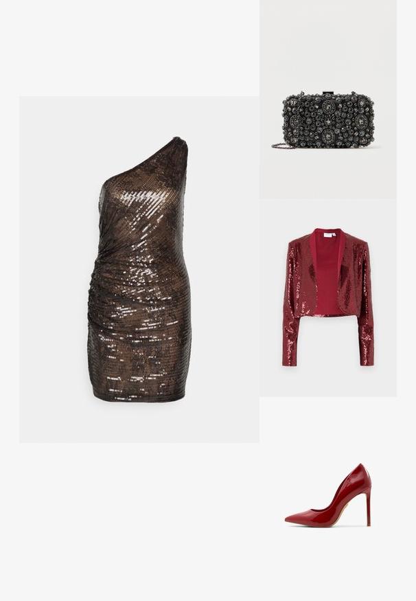 Veste courte bordeaux recouverte de sequins, dotée d'un col châle et de manches longues. Doublure intérieure lisse sans fermetures.; Halston SHYLA DRESS IN SEQUIN - Robe de soirée - umber; Escarpin en cuir verni rouge à talon aiguille, avec un bout pointu, une surface lisse et un talon élancé, doté d'une semelle beige.; Pochette noire ornée de rhinestones ronds et ovales de différentes tailles, avec une chaîne en argent et un fermoir.