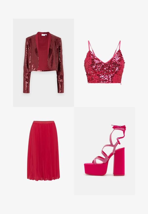 Burgundy kort jakke dækket af paletter, med sjalskrave og lange ærmer. Glat inderforing uden lukninger.; Lyserød, palietbelagt bralette med tynde stropper. Har en V-formet halsudskæring, pyntet med skinnende røde og pink palietter, der dækker hele stoffet.; Rød plisseret nederdel i et glat, let materiale. Har en elastisk talje og et flydende design for nem bevægelse.; Steve Madden CHAMPAGNE - Plateausandaler - pink