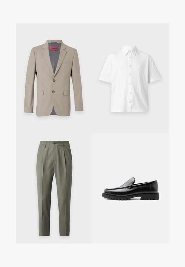 Beige blazer med to knapper, spidse lapels og en enkelt brystlomme. Foret med gråt stof. Subtil vævet tekstur.; Hvid kortærmet skjorte med knapper lavet af tekstureret stof, med en klassisk krave og et linjemønster. Seks knapper langs forsiden.; Beige skræddersyede bukser med lige ben, der har en knaplukning, folder foran og en elastisk talje for komfort.; Sort læderloafer med chunky gummisål, syet overdel og præget mærkenavn på hælen, vist i sideprofil på hvid baggrund.